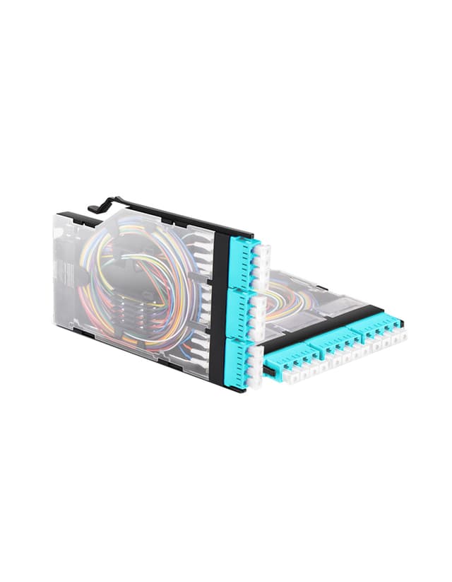 3x LC Quad, 12 Fibers OM4 Multimode FHX Splice Cassette, Pre-loaded Color-coded Pigtail