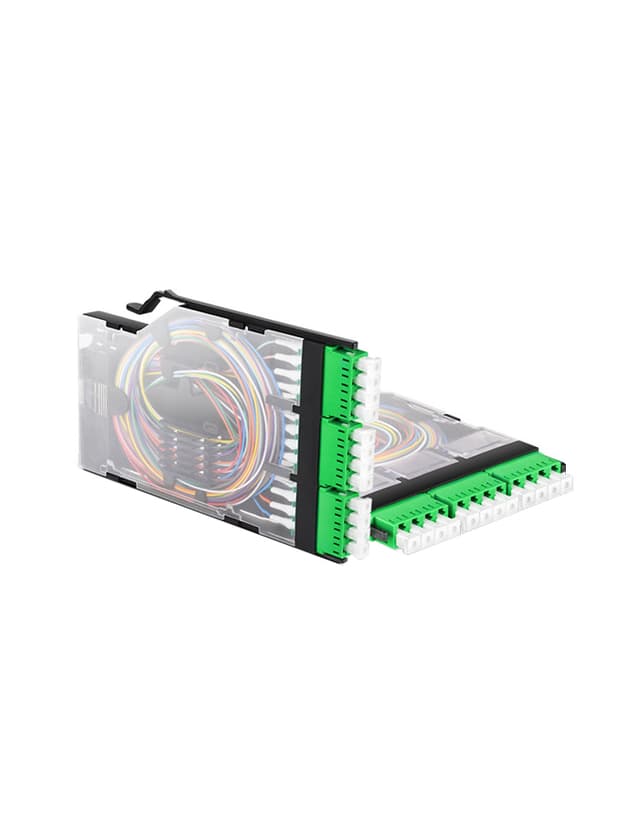 3x LC APC Quad, 12 Fibers OS2 Single Mode FHX Splice Cassette, Pre-loaded Color-coded Pigtail
