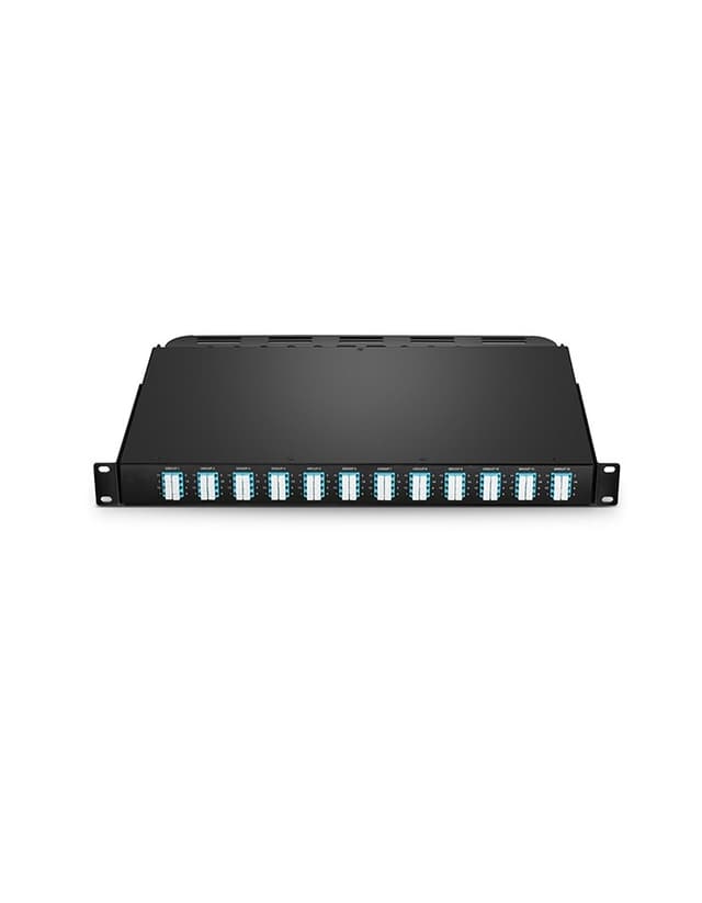12x MTP-8 to 24x LC Quad, 96 Fibers OM4 Multimode FHU 1U Breakout Patch Panel Flat, 40G/100G to 10G/25G
